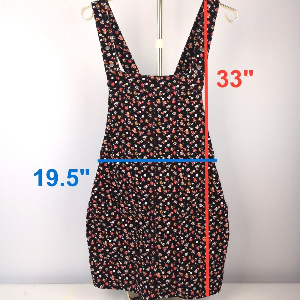 Xhilaration Women L Jumper Dress Black Floral Corduroy Bib Pinafore Mini Pocket - Picture 2 of 10